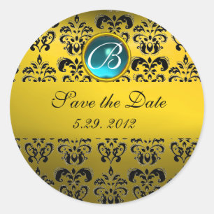 YELLOW BLACK DAMASK MONOGRAM, blaues Turquase Runder Aufkleber