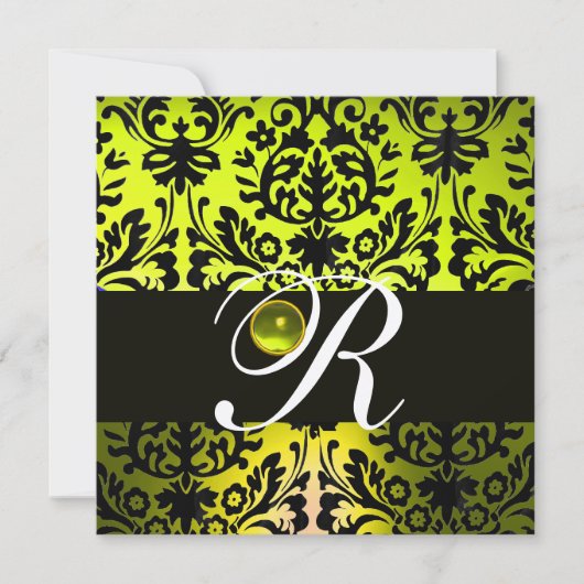 YELLOW BLACK DAMASK MONOGRAM TOPAZ Champagner Einladung (Vorderseite)