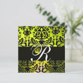 YELLOW BLACK DAMASK MONOGRAM TOPAZ Champagner Einladung (Stehend Vorderseite)