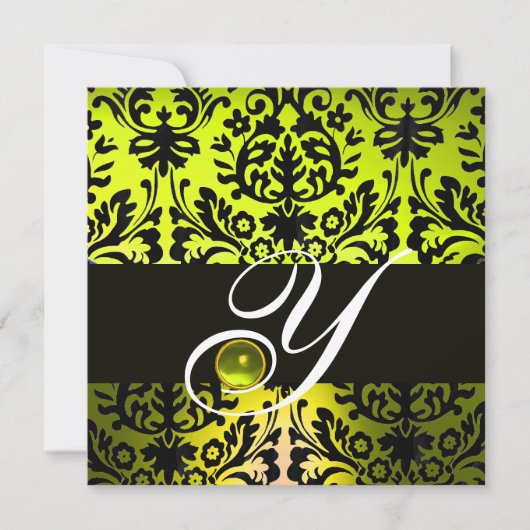 YELLOW BLACK DAMASK MONOGRAM TOPAZ EINLADUNG (Vorderseite)
