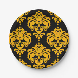 Yellow Black Damask Vintage Wedding Event Party Pappteller