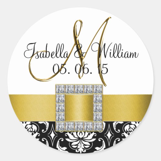Yellow Black Damask Wedding Favor Sticker (Vorderseite)