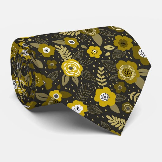 Yellow black elegant ditsy floral pattern krawatte (Gerollt)