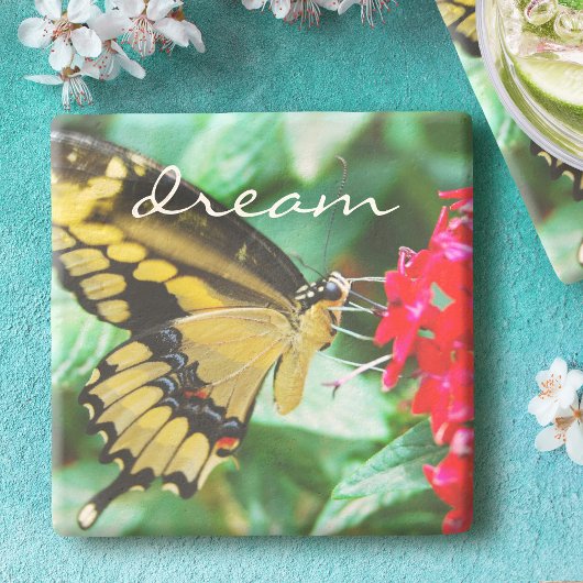 Yellow Black Frack Butterfly Dream Script Steinuntersetzer