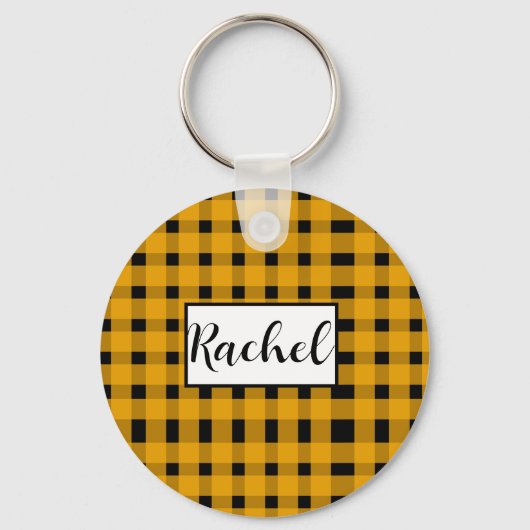 Yellow Black Gingham Personalisiert Schlüsselanhänger (Vorderseite)