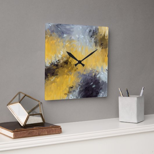 Yellow Black Gray White Abstract Brushstrokes Quadratische Wanduhr (Büro)