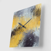 Yellow Black Gray White Abstract Brushstrokes Quadratische Wanduhr (Winkel)