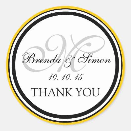 Yellow Black Monogram M Wedding Danke Runder Aufkleber (Vorderseite)