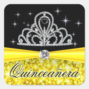 Yellow Black Princess Tiara Quinceanera Bling Quadratischer Aufkleber