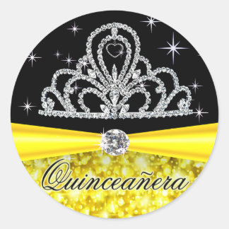 Yellow Black Princess Tiara Quinceanera Bling Runder Aufkleber