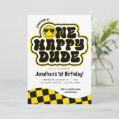 Yellow Black Retro Ein glücklicher Typ 1. Geburtst Einladung (Stehend Vorderseite)