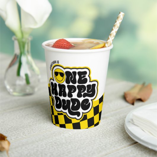 Yellow Black Retro Ein glücklicher Typ 1. Geburtst Pappbecher (In Situ)