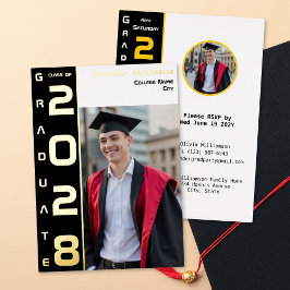 Yellow Black White Graduation Photo Gold  Folieneinladung