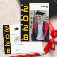 Yellow Black White Graduation Photo Thank You