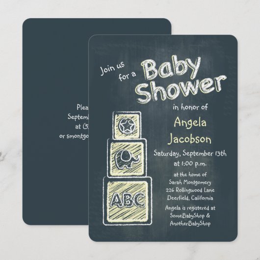 Yellow Blocks Chalkboard Kinderdusche Einladung (Vorne/Hinten)