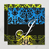 YELLOW BLUE BLACK DAMASK MONOGRAM Topaz Einladung (Vorne/Hinten)