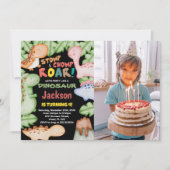 Yellow Blue Black Dinosaurier Geburtstag mit Foto Einladung (Vorderseite)