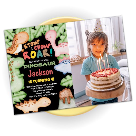 Yellow Blue Black Dinosaurier Geburtstag mit Foto Einladung
