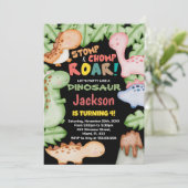 Yellow Blue Black Dinosaurier Geburtstagseinladung Einladung (Stehend Vorderseite)