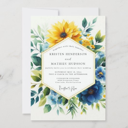 Yellow Blue Botanical Bloom Wedding Einladung (Vorderseite)