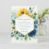 Yellow Blue Botanical Bloom Wedding Einladung (Stehend Vorderseite)