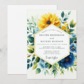 Yellow Blue Botanical Bloom Wedding Einladung (Vorne/Hinten)