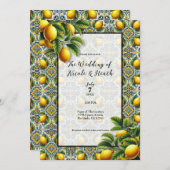 Yellow Blue Capri Lemon Mediterrane Hochzeit Einladung (Vorne/Hinten)