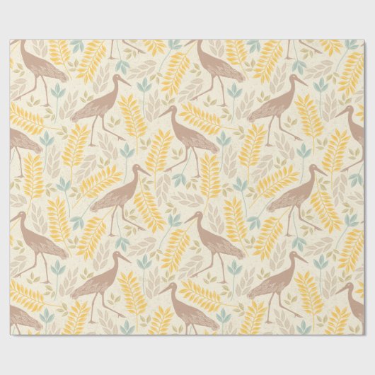 Yellow Blue Carmel Spring Floral and Crane Pattern Geschenkpapier (Flach)