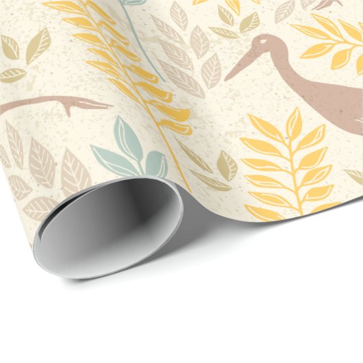 Yellow Blue Carmel Spring Floral and Crane Pattern Geschenkpapier (Rolleneckpunkt)
