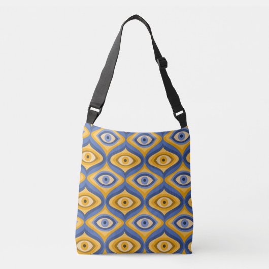 Yellow Blue Eye Art Deco Geometrisches Muster Tragetaschen Mit Langen Trägern (Vorderseite)