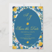 Yellow Blue Floral Monogram Wedding Save the Date (Vorderseite)