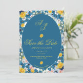 Yellow Blue Floral Monogram Wedding Save the Date (Stehend Vorderseite)
