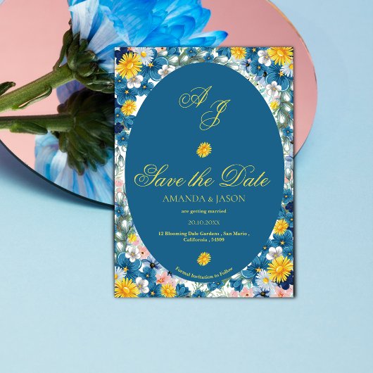 Yellow Blue Floral Monogram Wedding Save the Date
