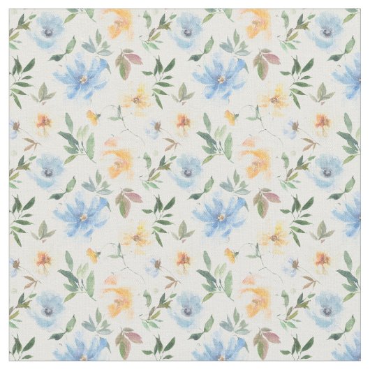 Yellow Blue Floral Muster Baumwollstoff Stoff (Nahaufnahme)