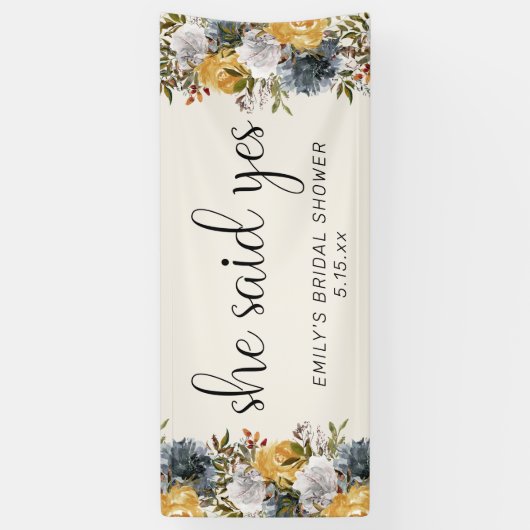 Yellow Blue Floral Sie sagte Yes Brautparty Banner (Vertikal)