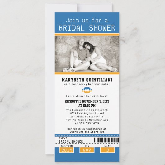 Yellow Blue Football Ticket Brautparty Einladung (Vorderseite)
