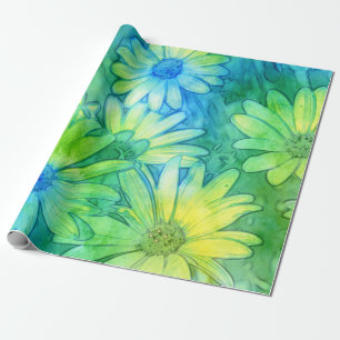 Yellow Blue Green Abstrakt Watercolor Daisies Geschenkpapier