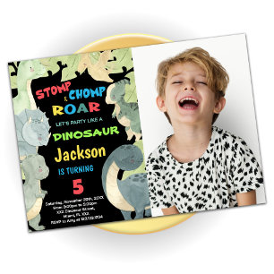 Yellow Blue Green Dinosaurier Geburtstag mit Foto Einladung
