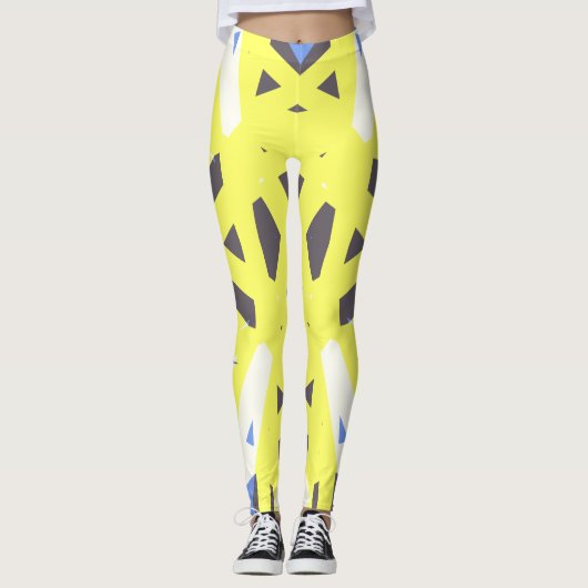 Yellow Blue Grey White Geometric Gym Übung Leggings (Vorderseite)