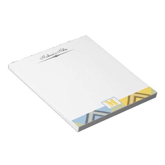 Yellow Blue Kariert Tartan Custom Script Monogram Notizblock (angewinkelt)