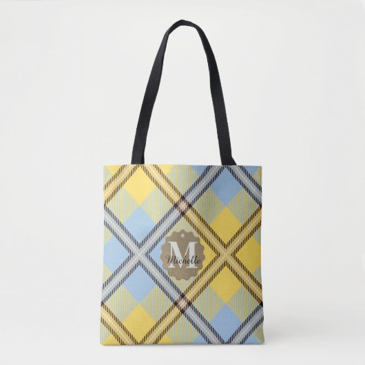 Yellow Blue Kariert Tartan Leather Mit Monogramm N Tasche (Vorderseite)