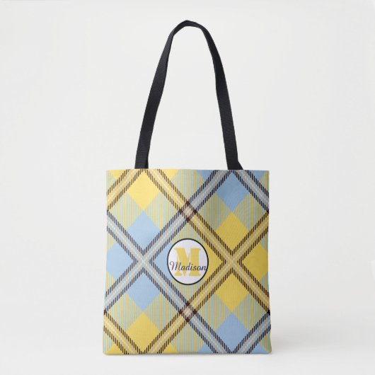 Yellow Blue Kariert Tartan Monogram Script Wedding Tasche (Vorderseite)