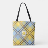Yellow Blue Kariert Tartan Monogram Script Wedding Tasche (Rückseite)
