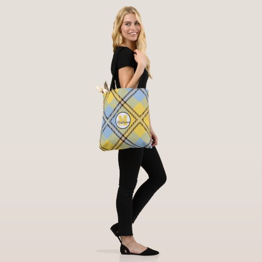 Yellow Blue Kariert Tartan Monogram Script Wedding Tasche (Am Model)