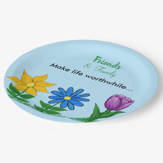 Yellow Blue Lila Floral Friends Family Pappteller (Schrägansicht)