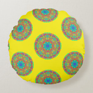Yellow Blue Mandala Boho Reversible Round Pillow Rundes Kissen
