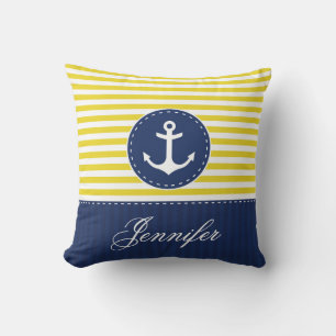 Yellow Blue Nautic Anchor Design Individuelle Name Kissen