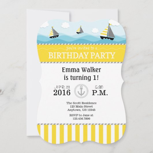 Yellow Blue Nautical Birthday Einladung (Vorderseite)