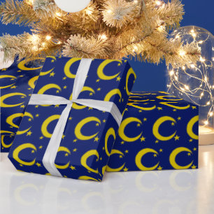 Yellow Blue Night Sky Crescent Moon Stars Abend Geschenkpapier