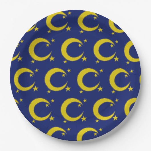 Yellow Blue Night Sky Crescent Moon Stars Abend Pappteller (Vorderseite)